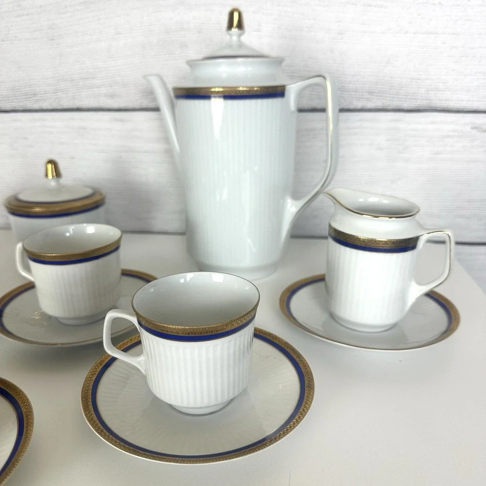 VTG Bareuther Bavaria Germany 100th Anniv. Coffee Set White Cobalt Gold 14 Piece